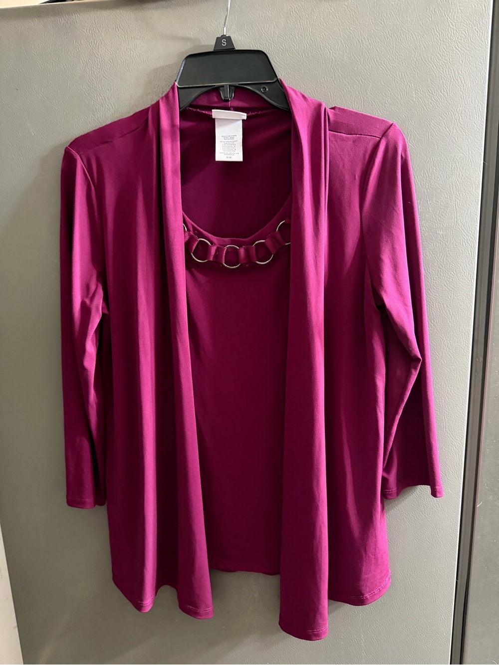 Jaclyn Smith Magenta Open-Front Cardigan with Ring-Detail Shell